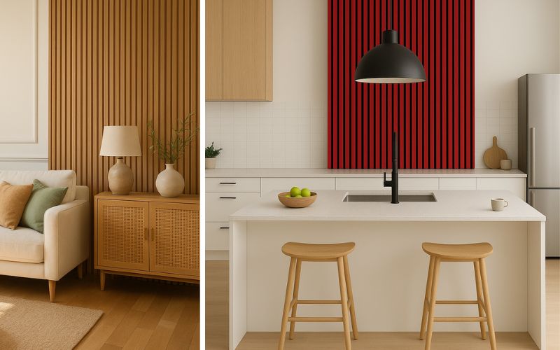 Akustikpaneele für Wohn- und Küchenbereich: links dekorative Holzpaneele hinter einem Sofa mit Sideboard und Tischlampe, rechts moderne rote Akustikpaneele als stilvoller Blickfang in einer hellen Küche über der Kochinsel