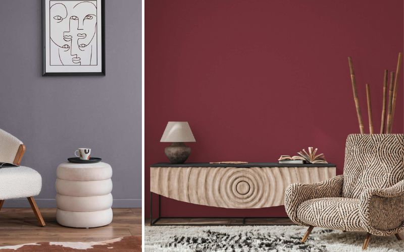 Elegante Wandfarben für stilvolle Räume: links dezente graue Wandfarbe kombiniert mit modernem Line-Art-Bild und hellem Sessel, rechts tiefrote Wandfarbe als edler Hintergrund für ein markantes Sideboard und einen gemusterten Designersessel 