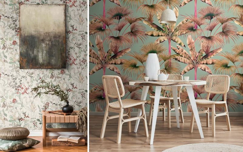 Blumentapeten in trendigen Designs: links eine helle florale Tapete mit zarten Blumenmustern und Wandbild, rechts eine auffällige grüne Tapete mit großflächigen tropischen Blumen- und Palmenmotiven im Esszimmer