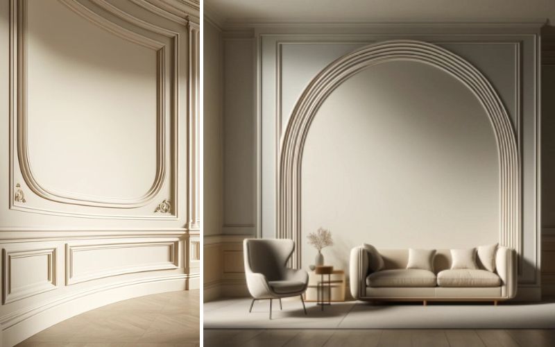 Flexible Zierleisten für individuelle Wandgestaltung: links geschwungene Leisten in klassischem Design an einer runden Wandfläche, rechts modernes Interieur mit großem Bogen über Sofa und Sessel, stilvoll betont durch flexible Zierleisten 