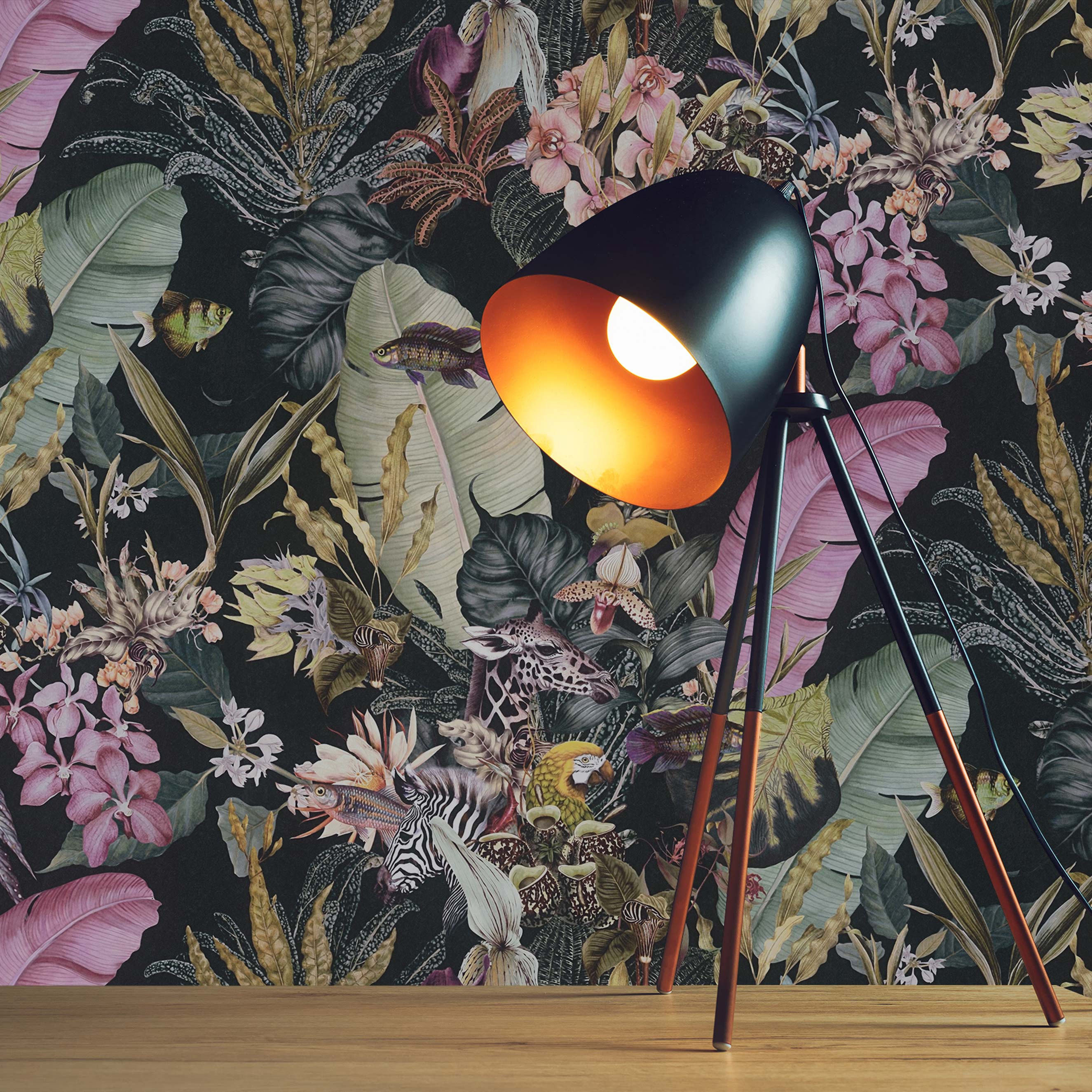 Tapete Dschungel Camilla M1-No.779 | Vliestapete | Schwarz | Rosa | Blumenoptik | Floral