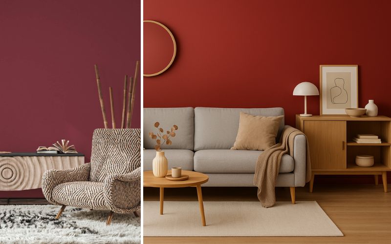 Rote Tapeten in modernen Wohnräumen: links eine tiefrote Wandtapete hinter gemustertem Sessel und Lowboard, rechts eine warmrote Tapete im Wohnzimmer mit grauem Sofa, Holzsideboard, rundem Spiegel und Deko