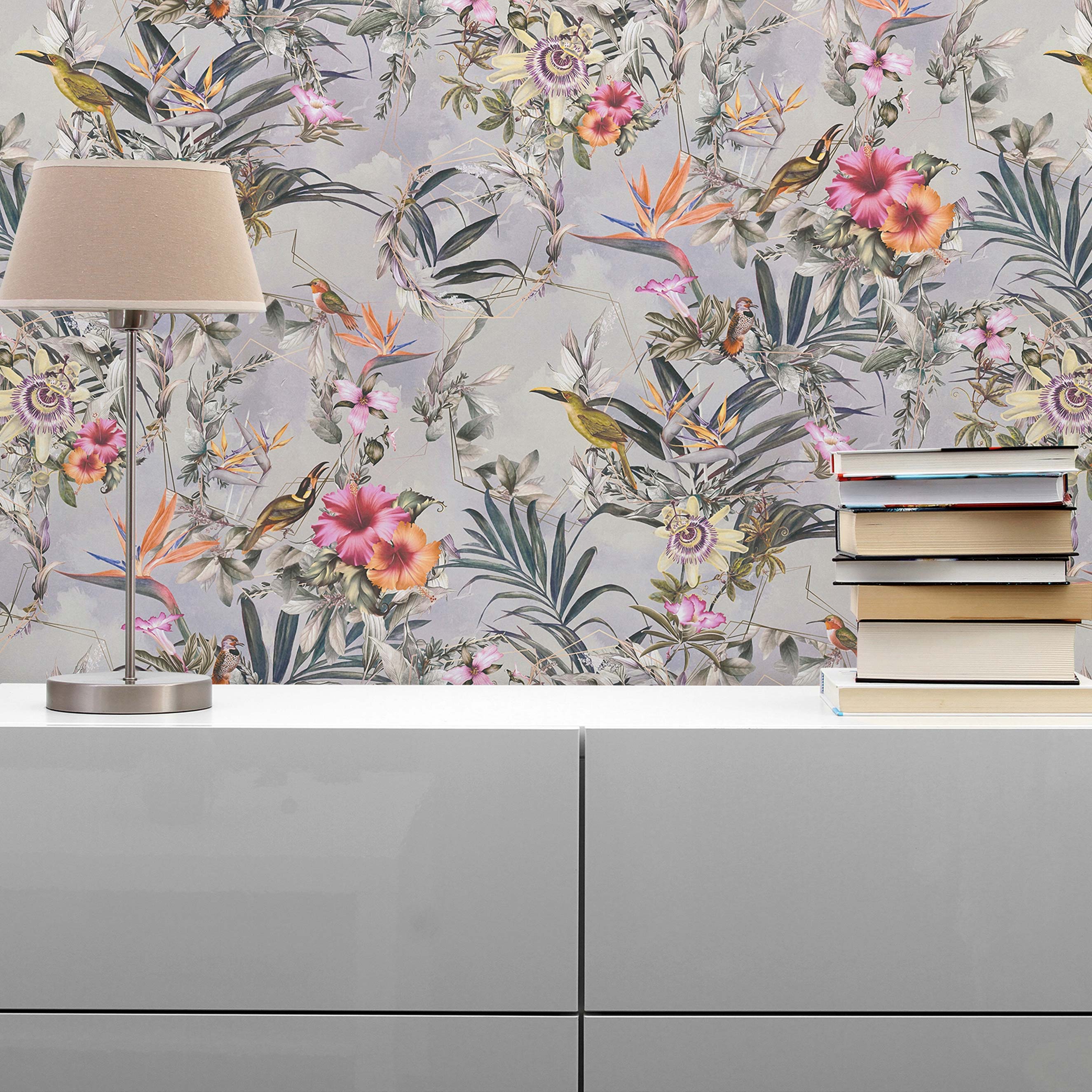Tapete Tiere Maria M1-No.788 | Vliestapete | Grau | Rosa | Blumenoptik | Dschungel