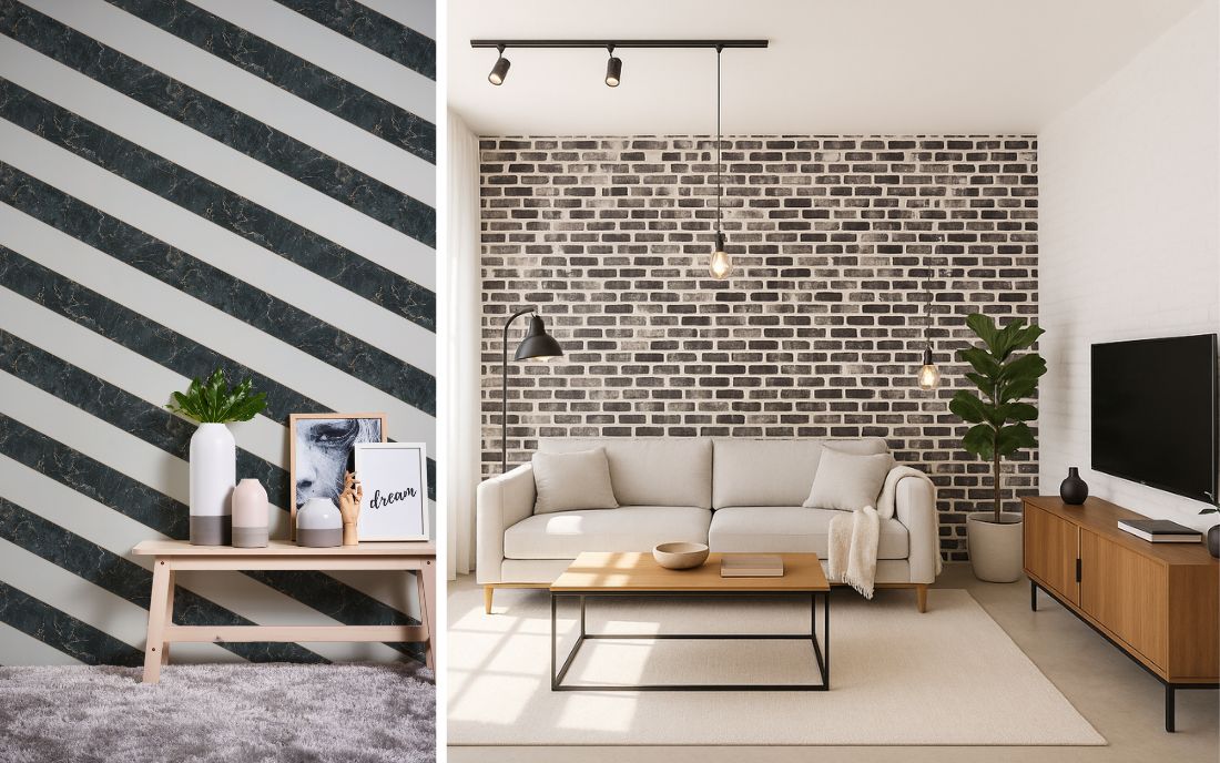Tapete schwarz und weiß: links diagonale Streifentapete in Schwarz-Weiß-Marmoroptik, die einen modernen und auffälligen Akzent setzt, rechts Wohnzimmer mit schwarzer Backstein-Tapete, die urbanes Loft-Feeling und stilvolle Kontraste schafft.